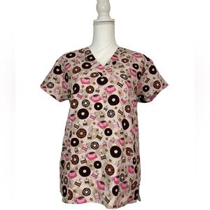 Fall Ya’ll Donuts & Coffee Nursing Medical Scrub Top with Pockets Women’s Small
